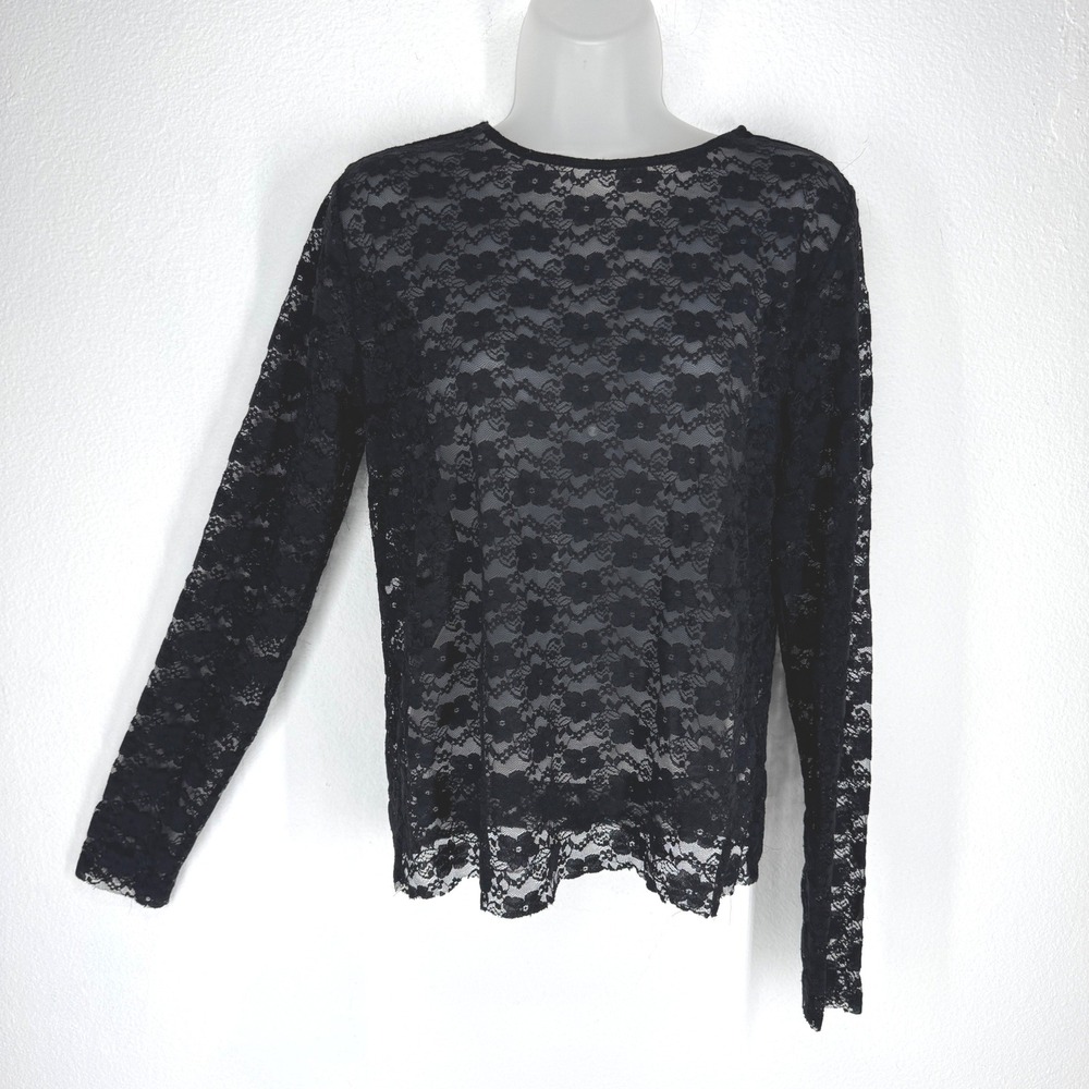 Bongo Womens Black Floral Sheer Lace Long Sleeve Top Large 90s Y2K Goth Grunge